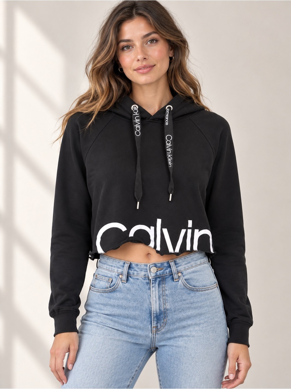 Calvin Klein Black Hoodie Sweater with White Logo Hem